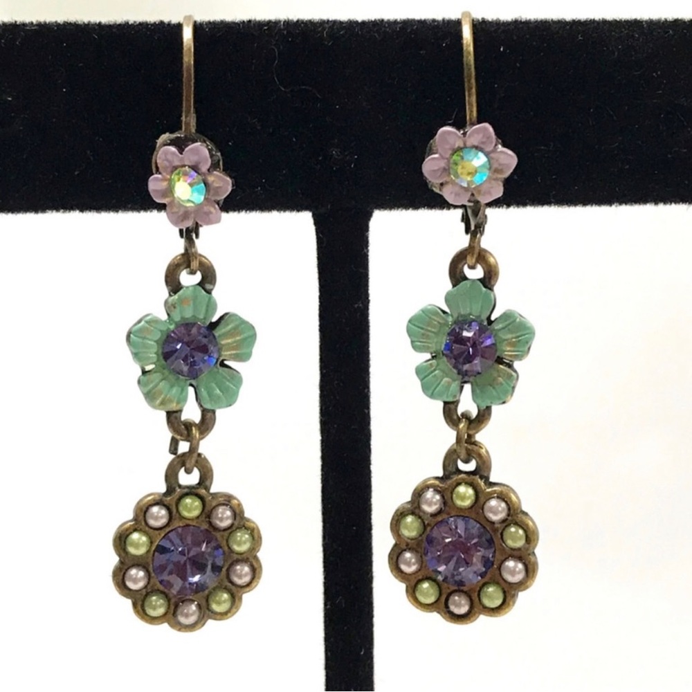 Antiqued Patina & Lavender Dainty Flower Earrings-Boutique